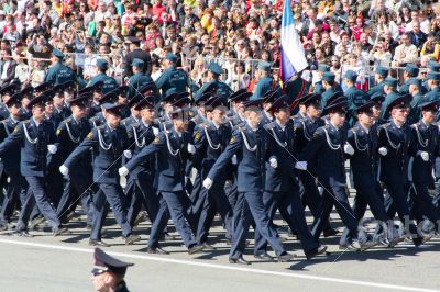 Russian soldiers march at the parade