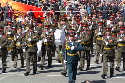 Russian military orchestra march at the parade