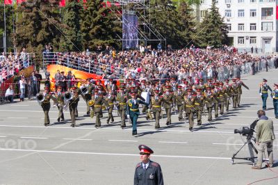 Russian military orchestra march at the parade