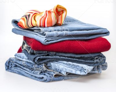 Jeans of indigo color on a show-window of shop