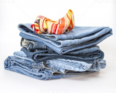 Jeans of indigo color on a show-window of shop