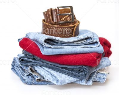 Jeans of indigo color on a show-window of shop