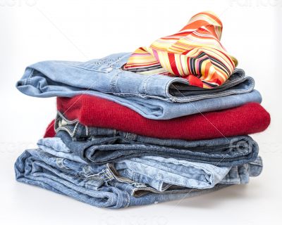 Jeans of indigo color on a show-window of shop