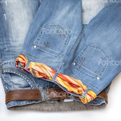 Jeans of indigo color on a show-window of shop Jeans of indigo color on a show-window of shop
