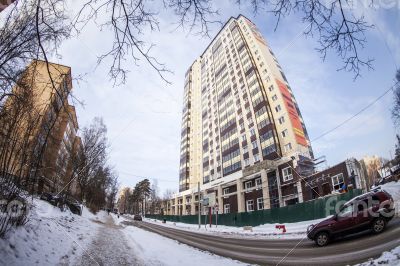 Winter city landscape of by fisheye view