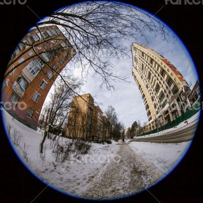 Winter city landscape of by fisheye view