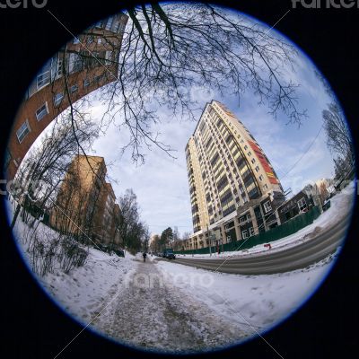 Winter city landscape of by fisheye view