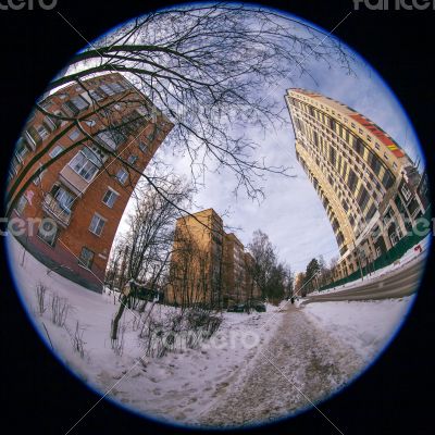 Winter city landscape of by fisheye view