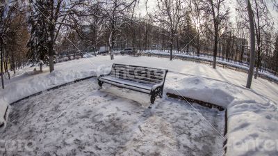 Winter city landscape of by fisheye view