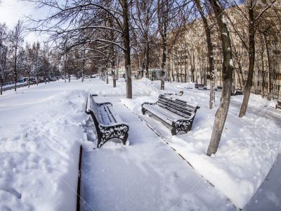 Winter city landscape of by fisheye view