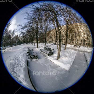 Winter city landscape of by fisheye view