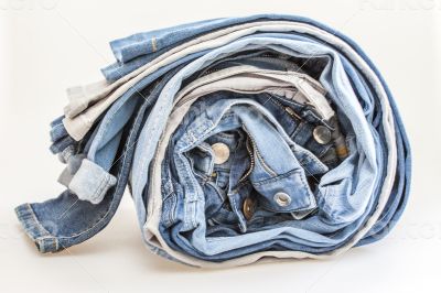 Jeans of indigo color on a show-window of shop