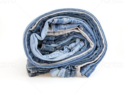 Jeans of indigo color on a show-window of shop