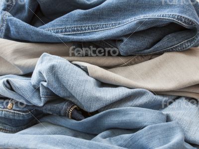 Jeans of indigo color on a show-window of shop