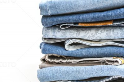 Jeans of indigo color on a show-window of shop