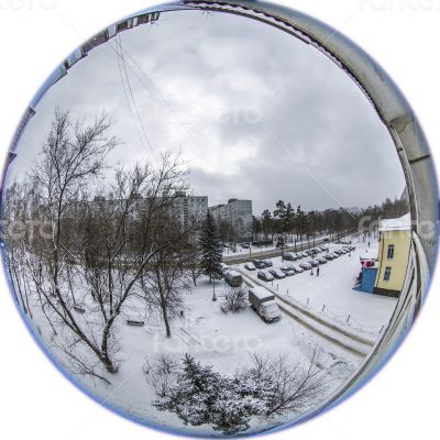 Winter city landscape by fisheye view