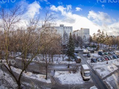 Winter city landscape by fisheye view