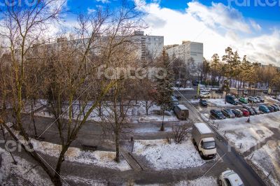 Winter city landscape by fisheye view
