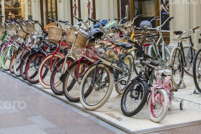bicycles are exposed in a trading floor of GUM shop