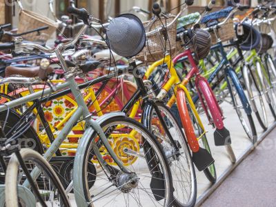 bicycles are exposed in a trading floor of GUM shop