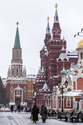 Moscow, Russia. A view of Nikolskaya Street during a blizzard.