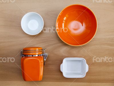 Multi-colored ceramic kitchen ware, top view