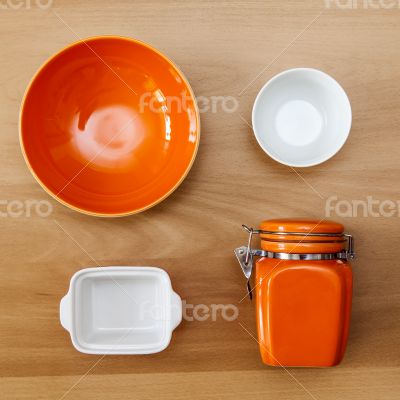 Multi-colored ceramic kitchen ware, top view