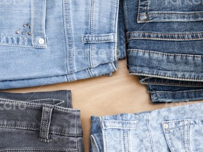 Jeans of various colors, the top view