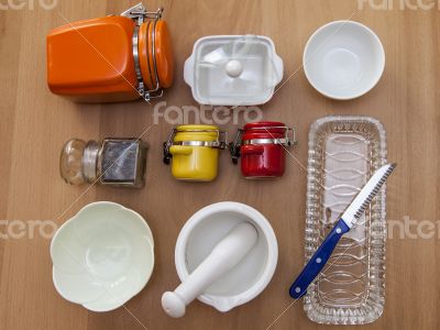 Multi-colored ceramic kitchen ware, top view