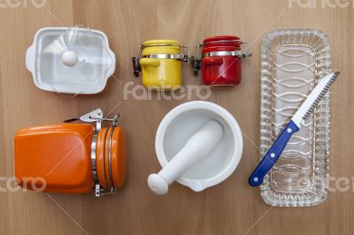 Multi-colored ceramic kitchen ware, top view