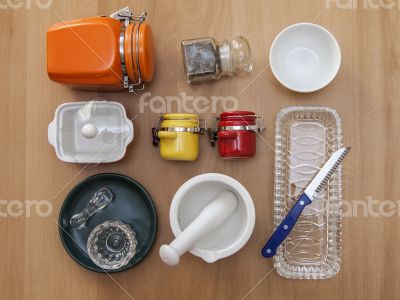 Multi-colored ceramic kitchen ware, top view