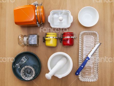 Multi-colored ceramic kitchen ware, top view