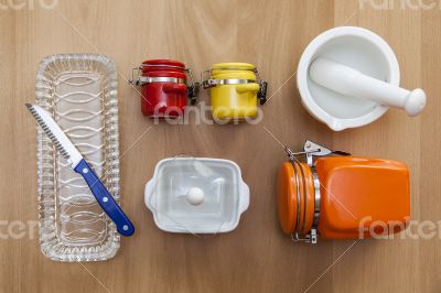 Multi-colored ceramic kitchen ware, top view