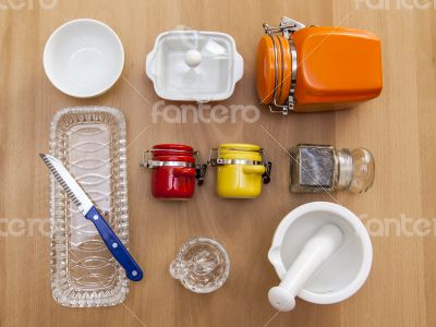 Multi-colored ceramic kitchen ware, top view