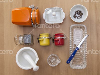 Multi-colored ceramic kitchen ware, top view