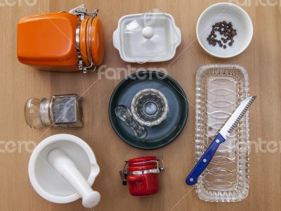 Multi-colored ceramic kitchen ware, top view