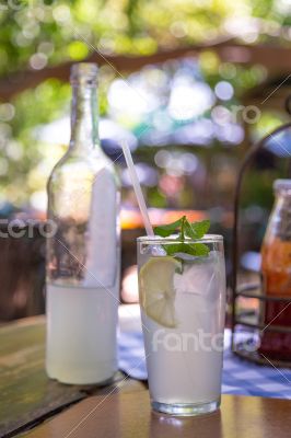 Ice cold lemonade served with mint leaves