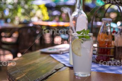 Ice cold lemonade served with mint leaves