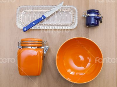 Multi-colored ceramic kitchen ware, top view