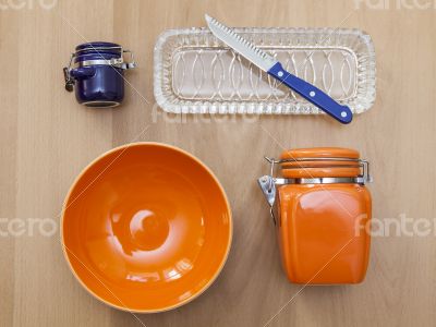 Multi-colored ceramic kitchen ware, top view