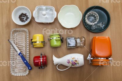 Multi-colored ceramic kitchen ware, top view