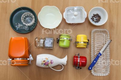 Multi-colored ceramic kitchen ware, top view