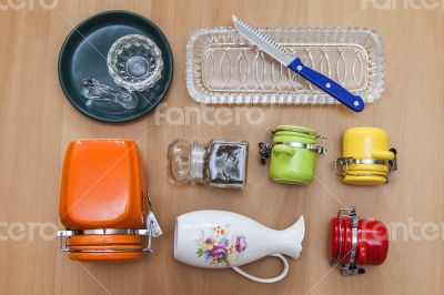 Multi-colored ceramic kitchen ware, top view