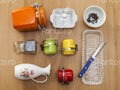 Multi-colored ceramic kitchen ware, top view