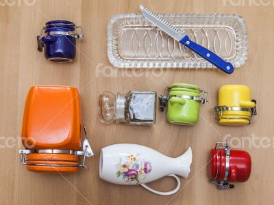 Multi-colored ceramic kitchen ware, top view