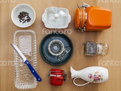 Multi-colored ceramic kitchen ware, top view