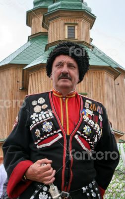 Ukrainian cossack general under wooden church