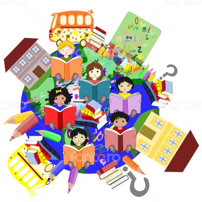 Happy children of different races reading books
