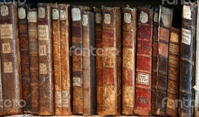 Row of old books cover spines