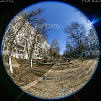 Pushkino, Russia. City spring landscape, fisheye view Pushkino, Russia. City spring landscape, fisheye view